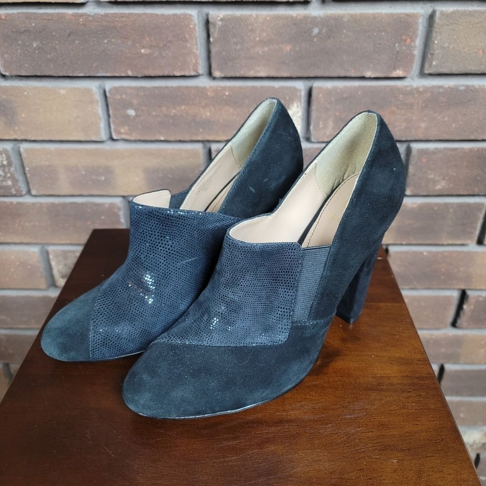 Isola suede black booties high heels slip on boots loafer style leather